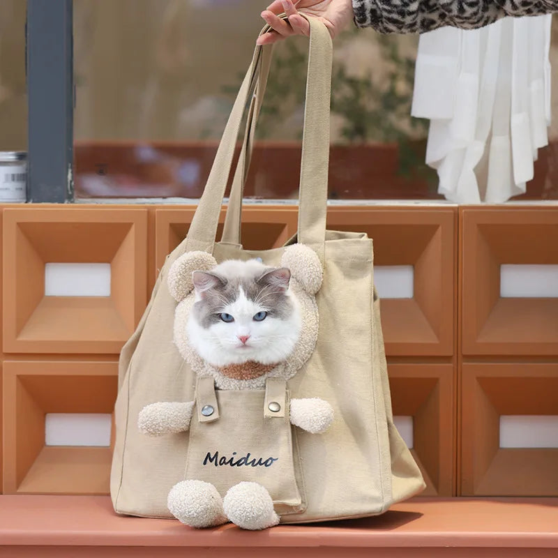 Pet Supplies Cute Pet Carrier Tote Bag Breathable Cat Portable Canvas Backpack Outdoor Use  Exposed Diagonal Cross Bag