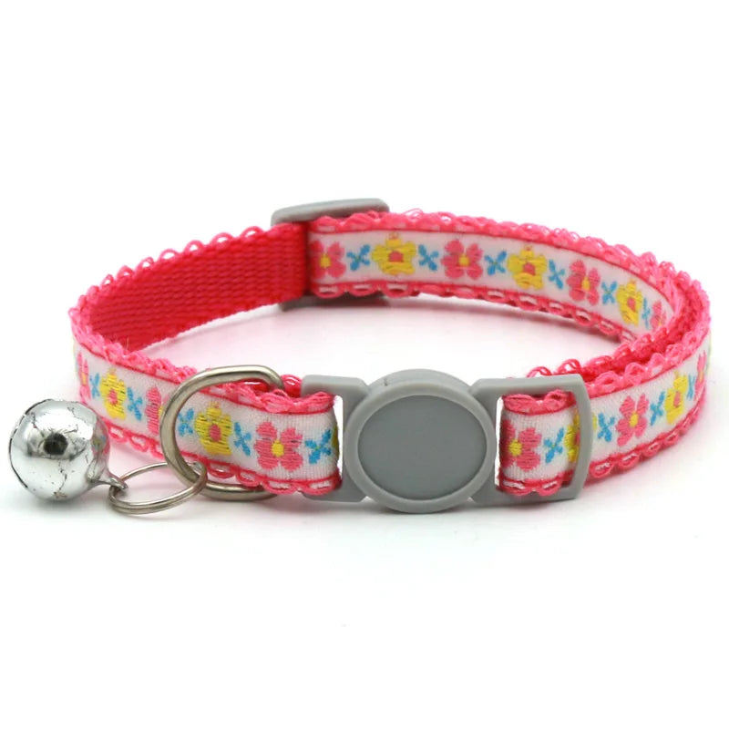Modern Floral Embroidery Pattern Cat Collar with Break-Away Safety Buckle Quick Release Small Bell-Adjustable Nylon
