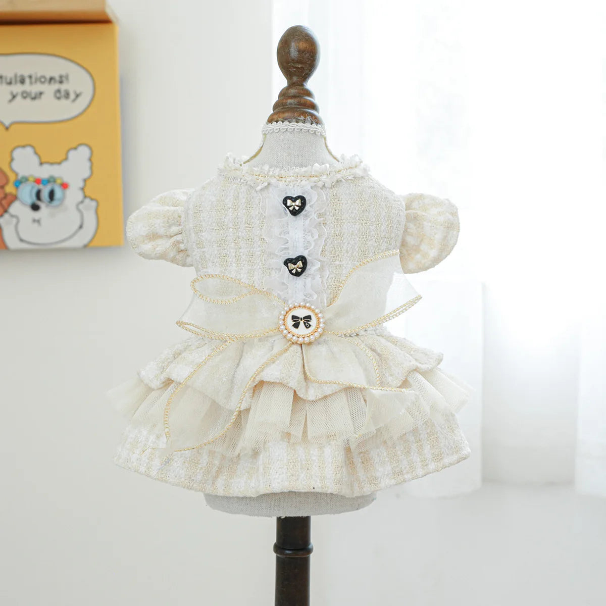 Dog Dress Lace Ruffles Pearl Bowknot Small Pet Party Pet Clothing Autumn Winter Fragrance Style Dress