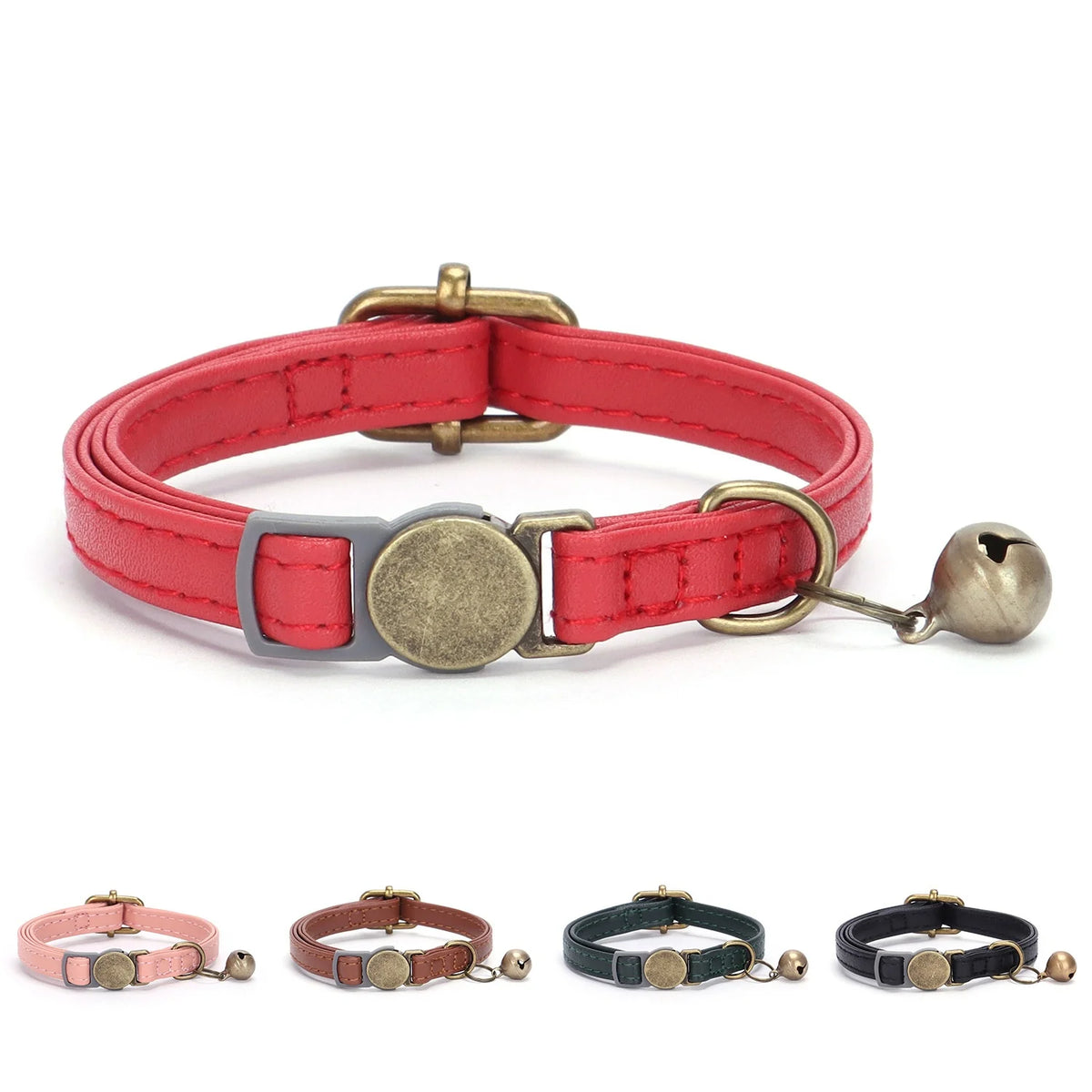 Durable PU Leather Solid Personalized Buckle Breakaway Cat Collar With Bell Soft for Dogs and Cats Multiple Colors