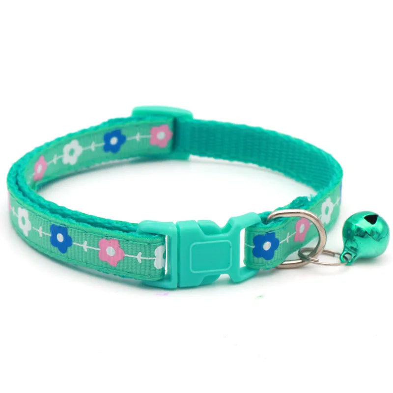 Flower Vine Pattern Cat Dog Outdoor Walking Three-Color Love Printed Patch Pet Collar Bell Cartoon Made Polyester Pet Outdoor